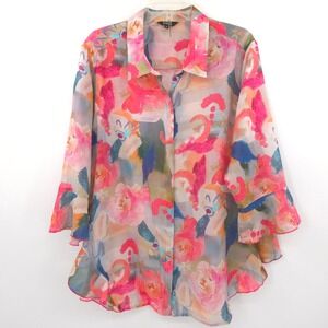 Lior Paris Blouse Women XL Pink Floral Sheer Ruffle Watercolor Button Down HAPPY